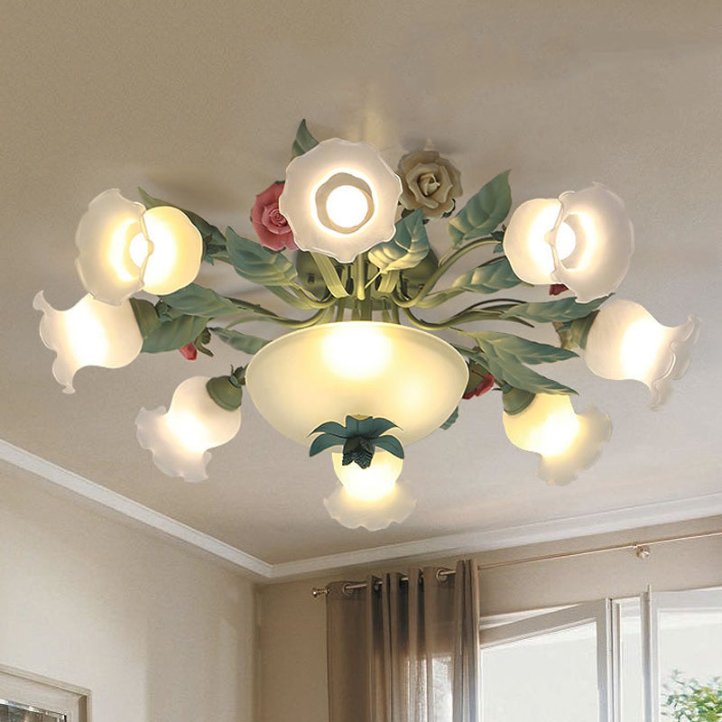 Opal Glass Blue Blossom Flush Mount Light Fixture For Living Room - 5/7/11-Light Korean Garden Style