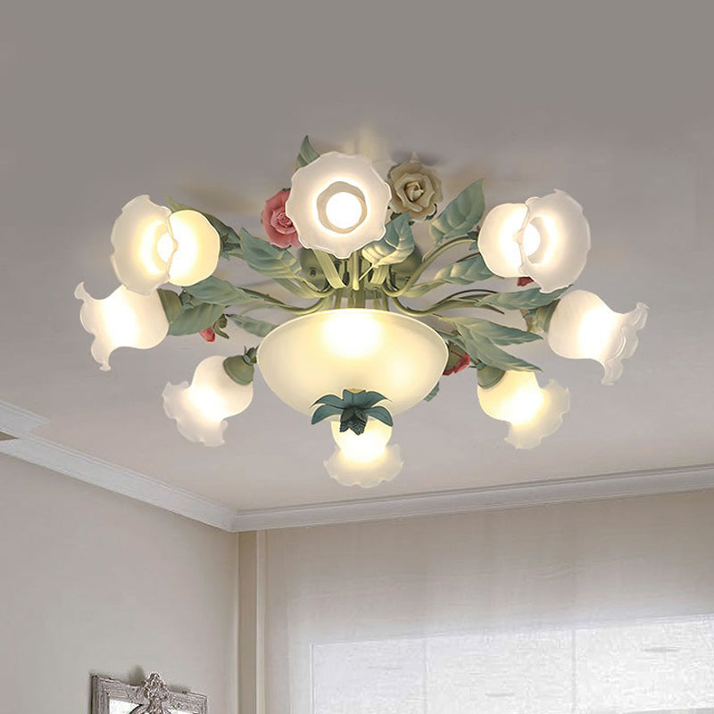 Opal Glass Blue Blossom Flush Mount Light Fixture for Living Room - 5/7/11-Light Korean Garden Style