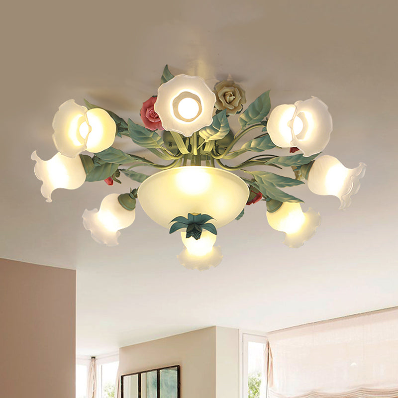 Opal Glass Blue Blossom Flush Mount Light Fixture For Living Room - 5/7/11-Light Korean Garden Style