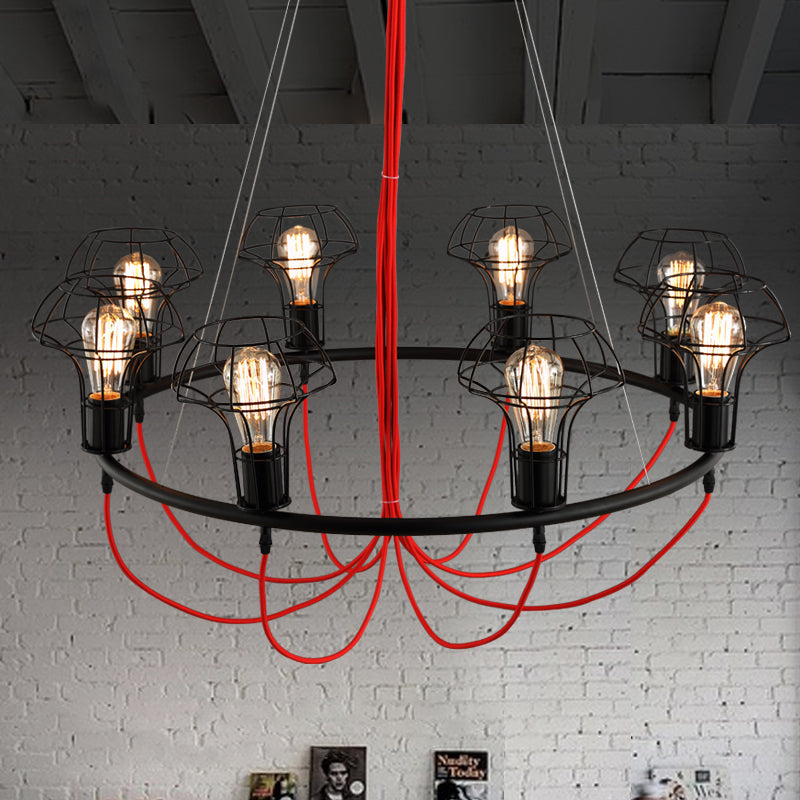 Lustre en forme de cage de champignon en fer - Lampe suspendue industrielle - 8 têtes, noir - Idéal pour les restaurants