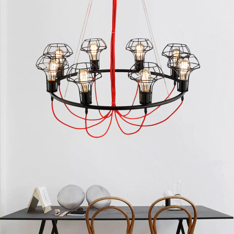 Lustre en forme de cage de champignon en fer - Lampe suspendue industrielle - 8 têtes, noir - Idéal pour les restaurants