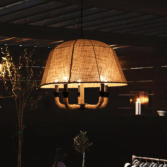 Lustre vintage en forme de dôme avec 5 lampes suspendues en tissu - Marron et corde de chanvre