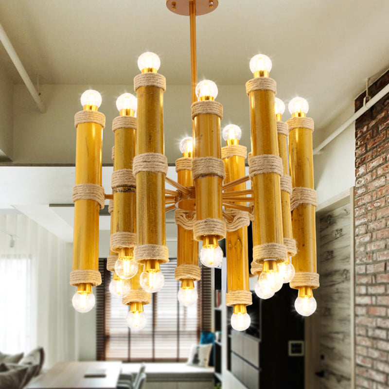 Lustre en tube de bambou antique - Lampe suspendue jaune à 24 lumières pour le salon