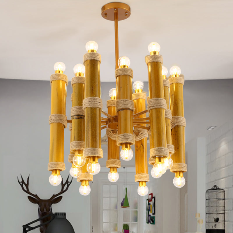 Lustre en tube de bambou antique - Lampe suspendue jaune à 24 lumières pour le salon