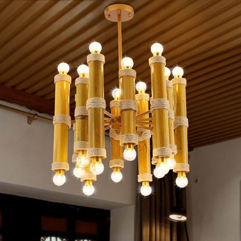 Lustre en tube de bambou antique - Lampe suspendue jaune à 24 lumières pour le salon