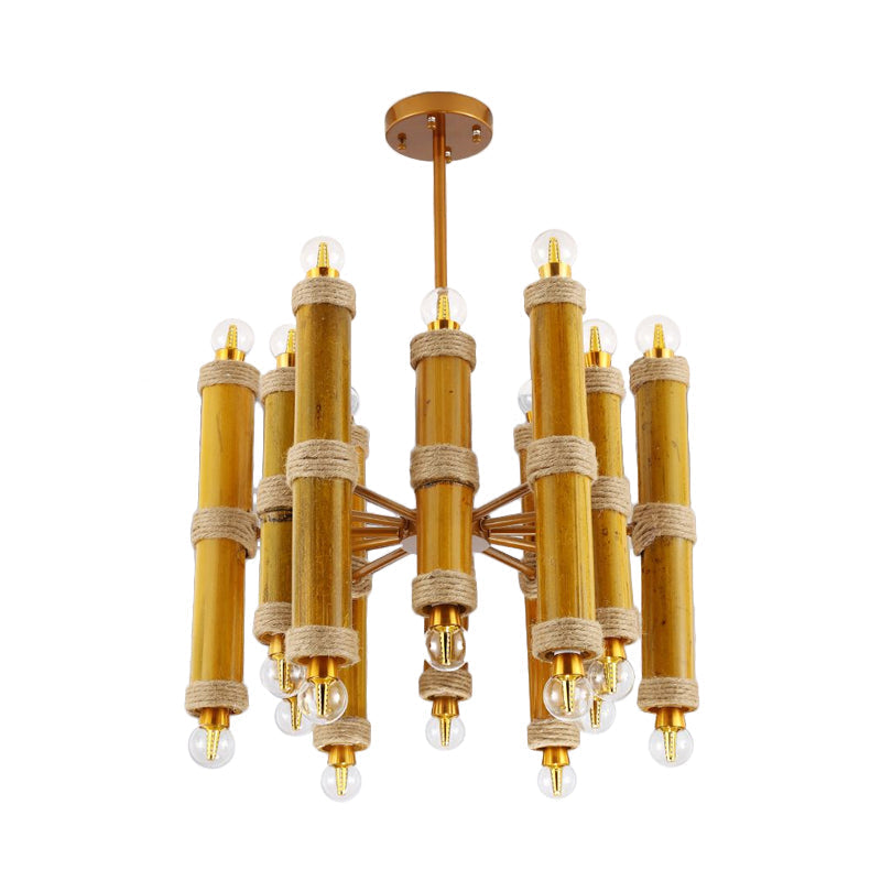 Lustre en tube de bambou antique - Lampe suspendue jaune à 24 lumières pour le salon