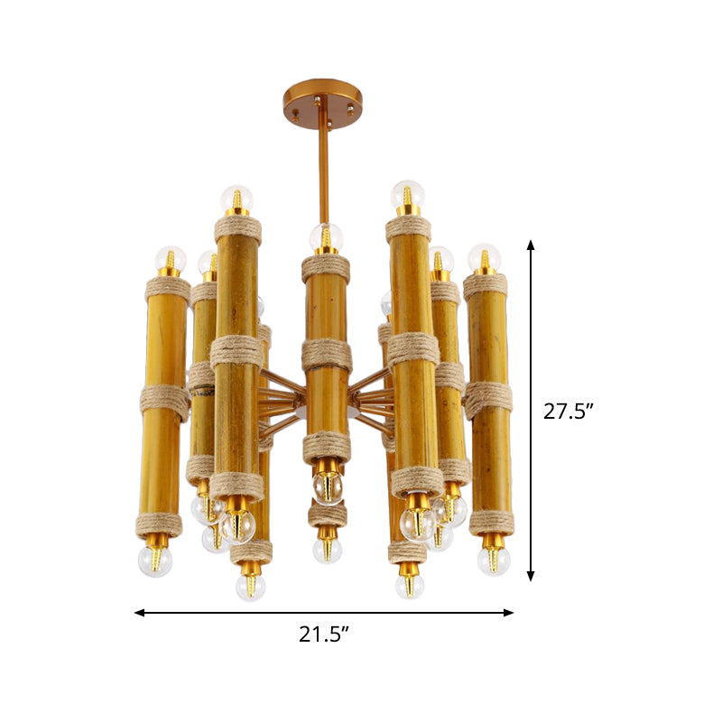 Lustre en tube de bambou antique - Lampe suspendue jaune à 24 lumières pour le salon