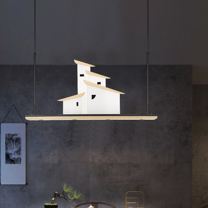 Art Deco Island Pendant Ceiling Light Led Metal Fixture In White With Wood Bracket - Warm/White
