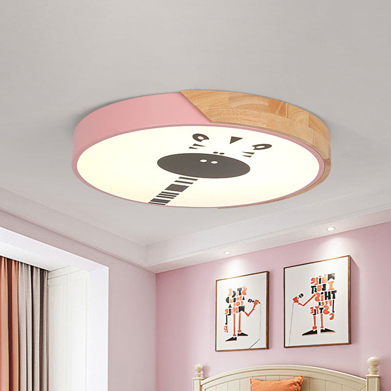 Acrylic LED Flushmount Lighting - Macaroon Ring with Giraffe Pattern, Pink/Yellow/Blue, 12"/16" Width