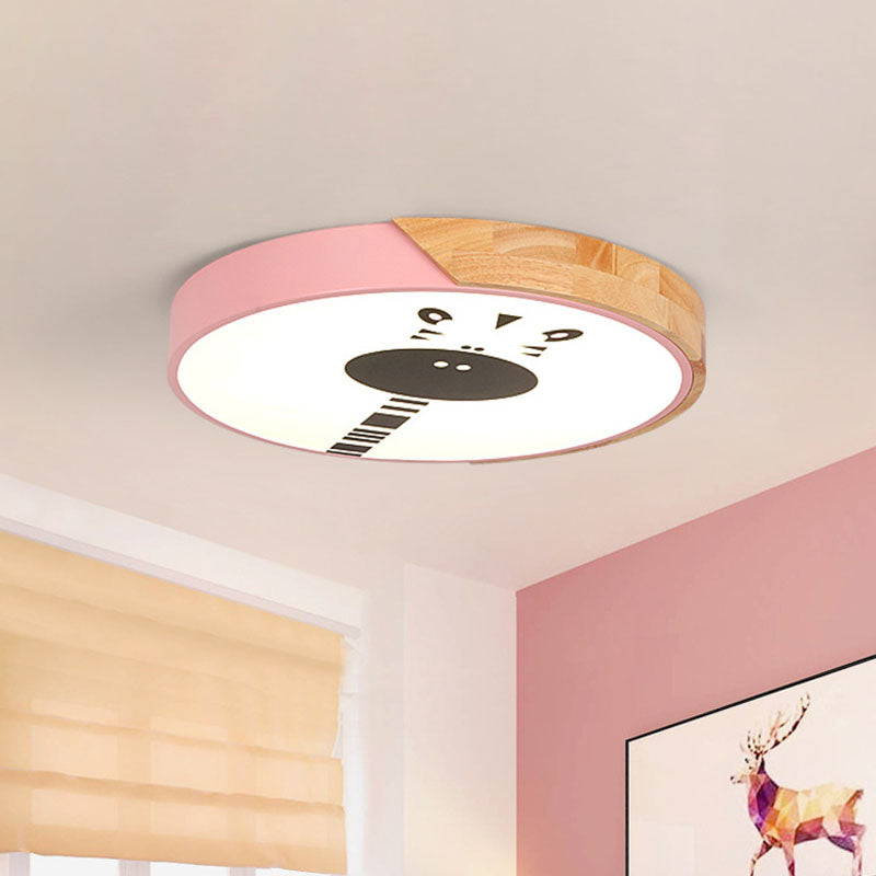 Acrylic LED Flushmount Lighting - Macaroon Ring with Giraffe Pattern, Pink/Yellow/Blue, 12"/16" Width