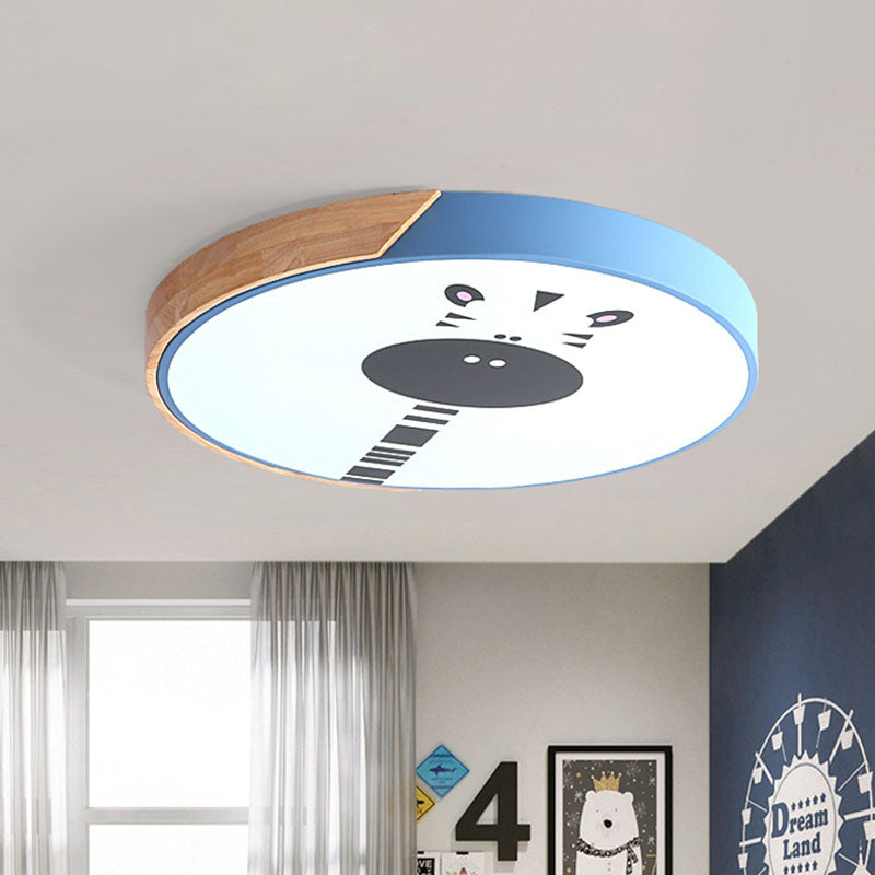 Acrylic LED Flushmount Lighting - Macaroon Ring with Giraffe Pattern, Pink/Yellow/Blue, 12"/16" Width