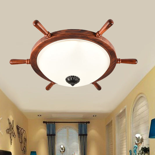 Rural Style Wood Frame 2-Light Flush Mount with Opal Glass Bowl Shade