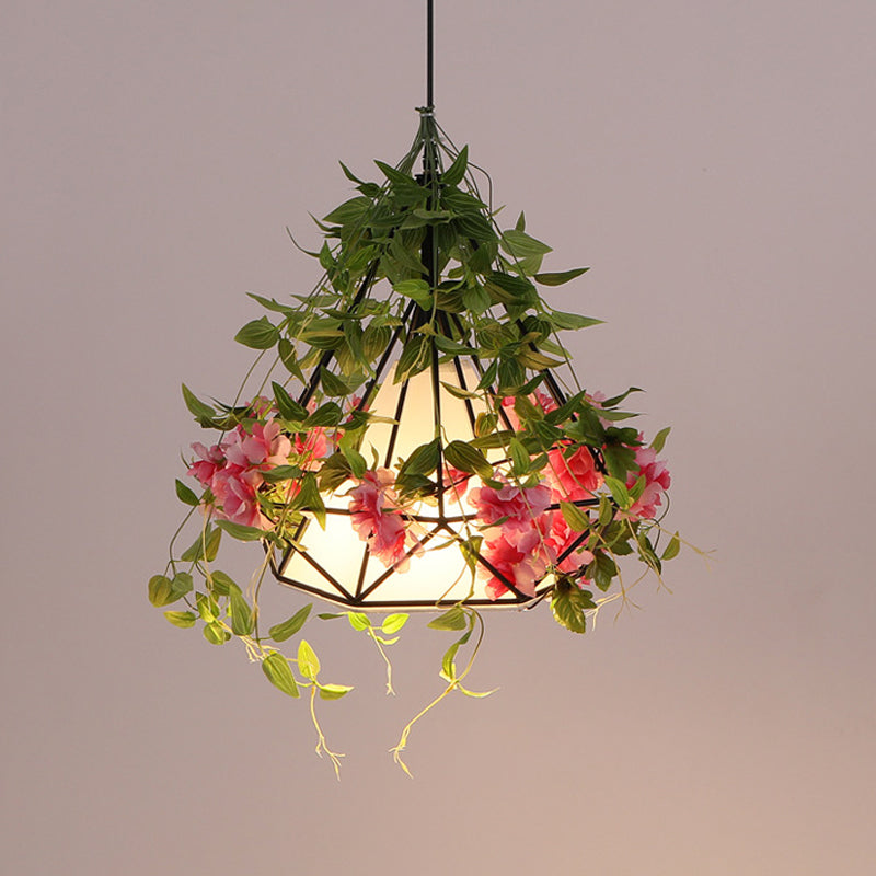 Industrial Iron Diamond Cage Drop Pendant With Cherry Blossom Decor - White/Pink 10/15/18 Wide