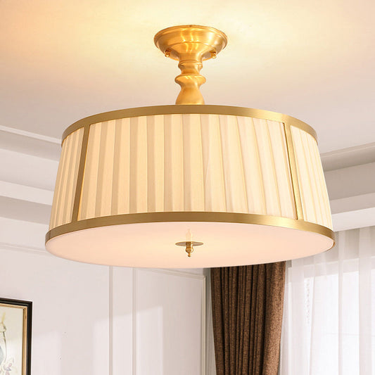 Gold Colonial Semi Flush Light with 4 Fabric-Covered Heads for Bedroom Ceilings