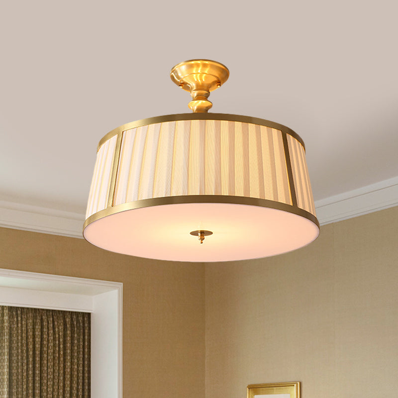 Gold Colonial Semi Flush Light with 4 Fabric-Covered Heads for Bedroom Ceilings