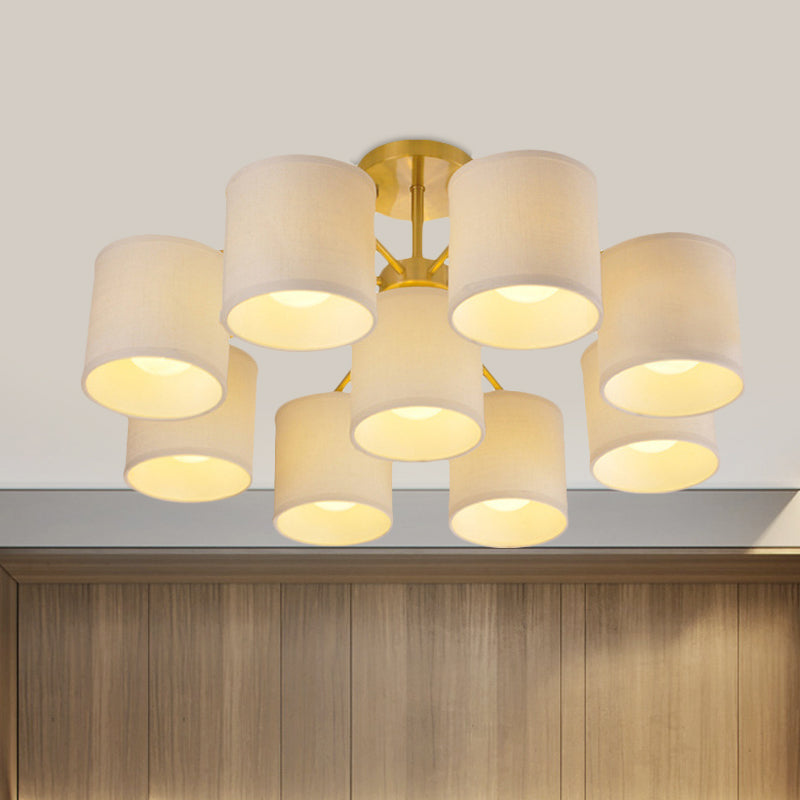 Colonial Fabric Cylinder Semi Mount Ceiling Light - Gold Finish - 9 Lights - Living Room Lighting Fixture