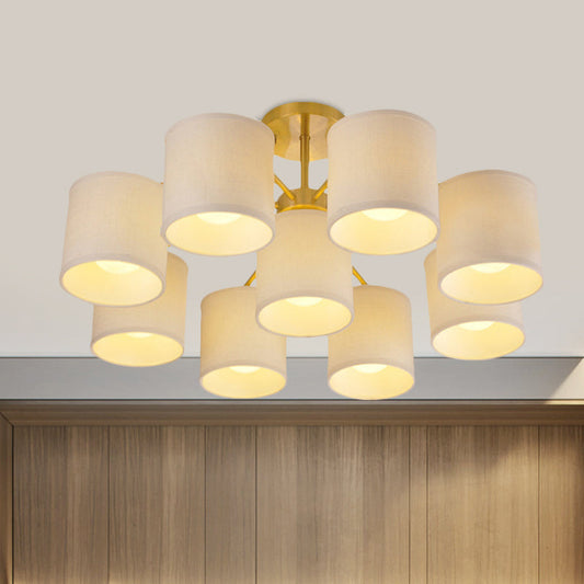 Colonial Fabric Cylinder Semi Mount Ceiling Light - Gold Finish - 9 Lights - Living Room Lighting Fixture