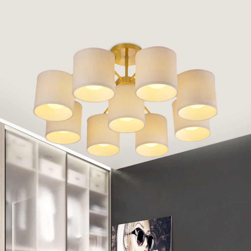 Colonial Fabric Cylinder Semi Mount Ceiling Light - Gold Finish - 9 Lights - Living Room Lighting Fixture