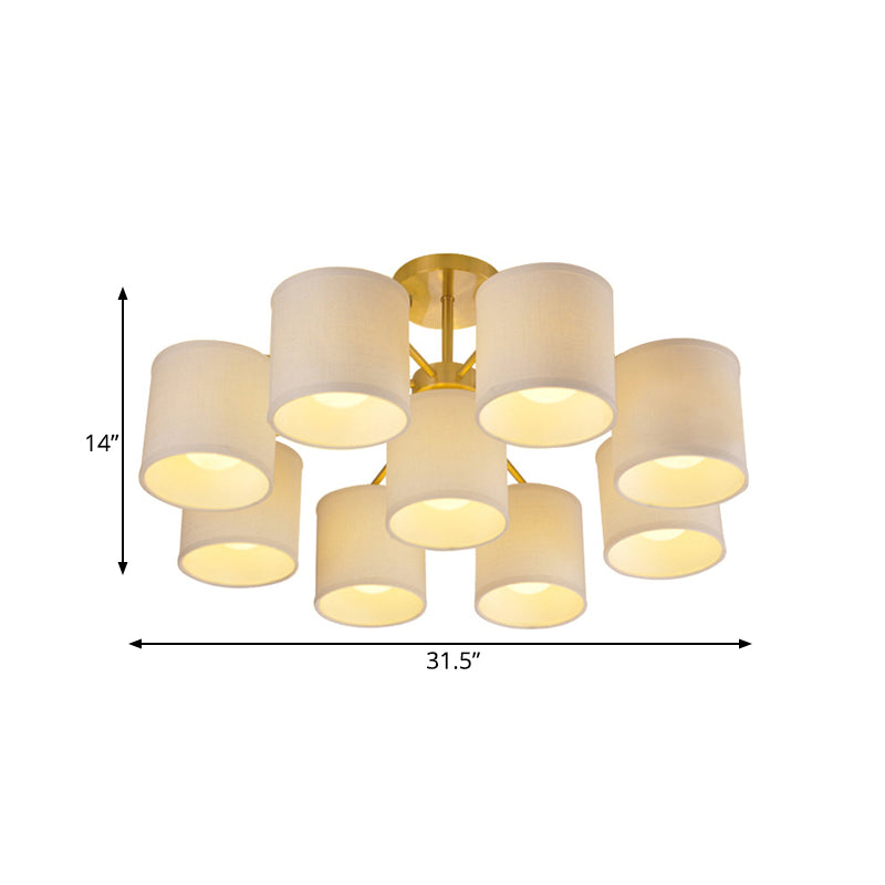 Colonial Fabric Cylinder Semi Mount Ceiling Light - Gold Finish - 9 Lights - Living Room Lighting Fixture