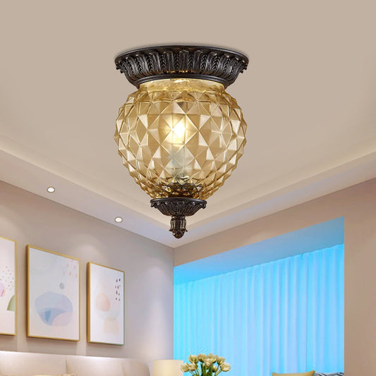Prismatic Glass Black Flush Mount Lamp with Urn-Shaped and Teardrop Design - 8"/12.5" Width, 2-Head Countryside Ceiling Fixture