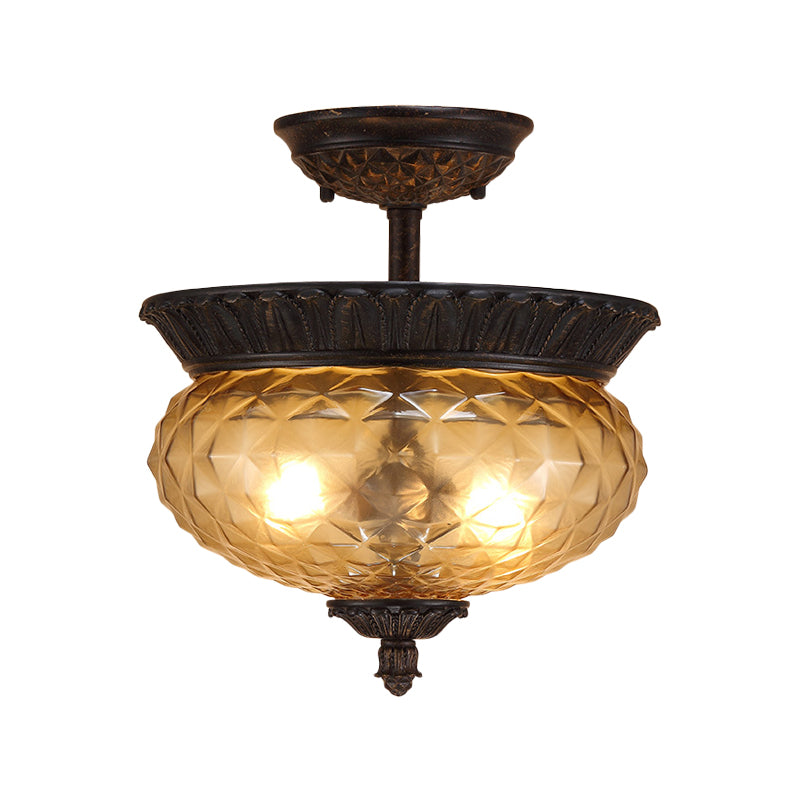 2-Light Countryside Black Semi Flush Ceiling Light with Prismatic Glass - Ideal for Dining Room
