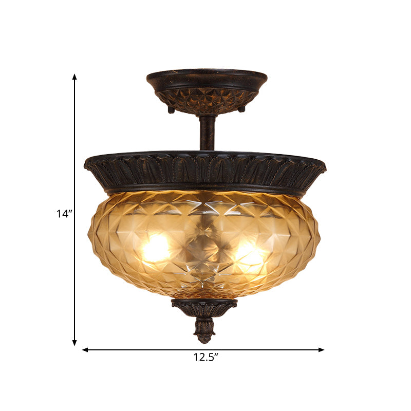 2-Light Countryside Black Semi Flush Ceiling Light with Prismatic Glass - Ideal for Dining Room