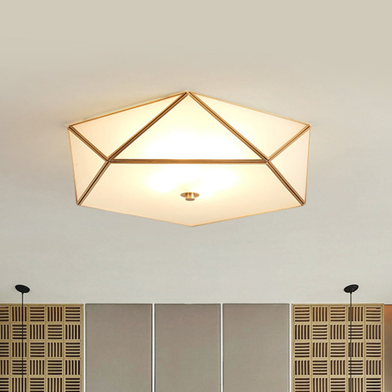 Gold Flush Mount Ceiling Light - Beveled Box Hotel Design, Frosted White Glass, Post-Modern Style, 14"/18" Width