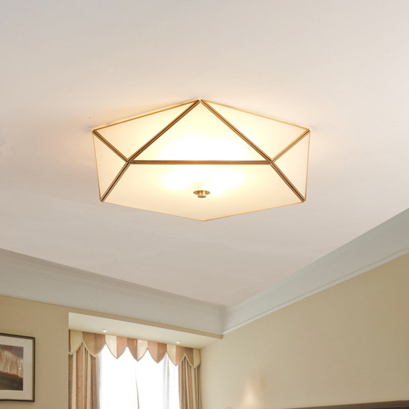 Gold Flush Mount Ceiling Light - Beveled Box Hotel Design, Frosted White Glass, Post-Modern Style, 14"/18" Width