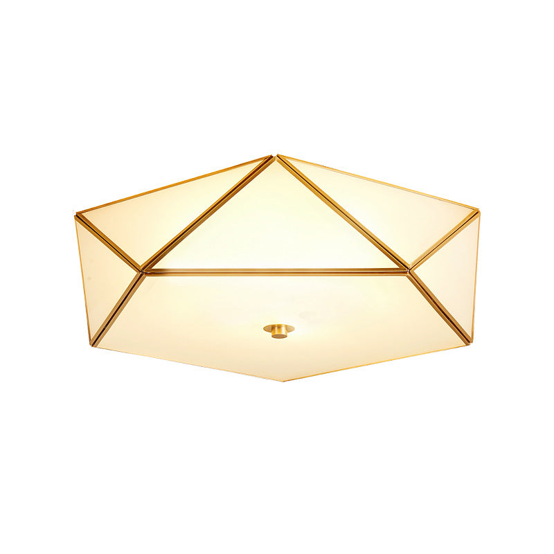 Gold Flush Mount Ceiling Light - Beveled Box Hotel Design, Frosted White Glass, Post-Modern Style, 14"/18" Width