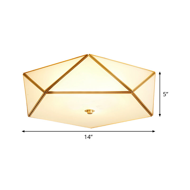 Gold Flush Mount Ceiling Light - Beveled Box Hotel Design, Frosted White Glass, Post-Modern Style, 14"/18" Width