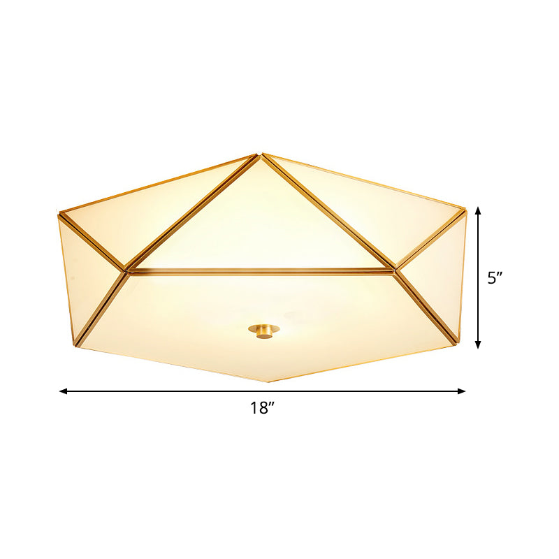 Gold Flush Mount Ceiling Light - Beveled Box Hotel Design, Frosted White Glass, Post-Modern Style, 14"/18" Width