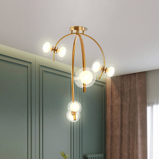Vintage Dual Orb Shade Semi Flush Glass Chandelier - 6 Bulb Dining Table Flush Mount with Gold Sprig Design