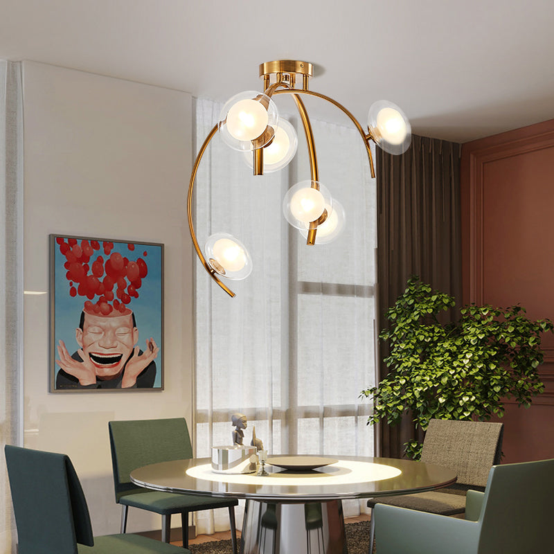 Vintage Dual Orb Shade Semi Flush Glass Chandelier - 6 Bulb Dining Table Mount With Gold Sprig