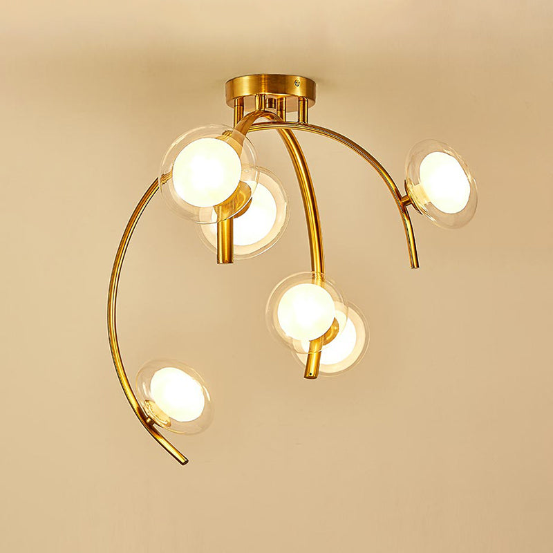 Vintage Dual Orb Shade Semi Flush Glass Chandelier - 6 Bulb Dining Table Flush Mount with Gold Sprig Design