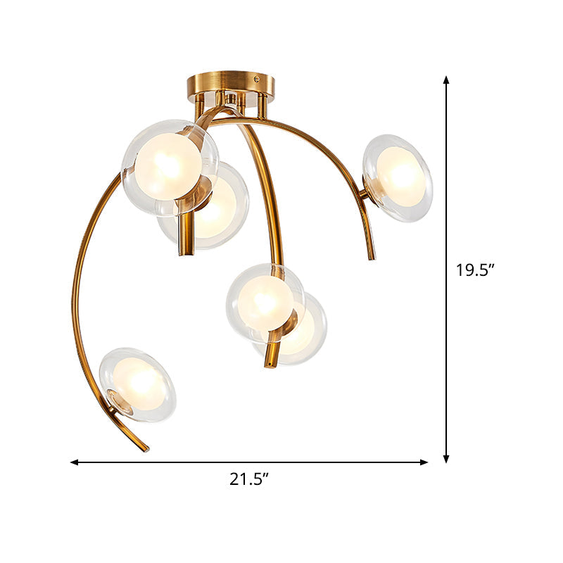Vintage Dual Orb Shade Semi Flush Glass Chandelier - 6 Bulb Dining Table Mount With Gold Sprig