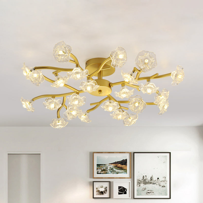 Modern Black/Gold Flower Branch Semi Flush Mount Chandelier - 24-Bulb Ceiling Light with Transparent Glass