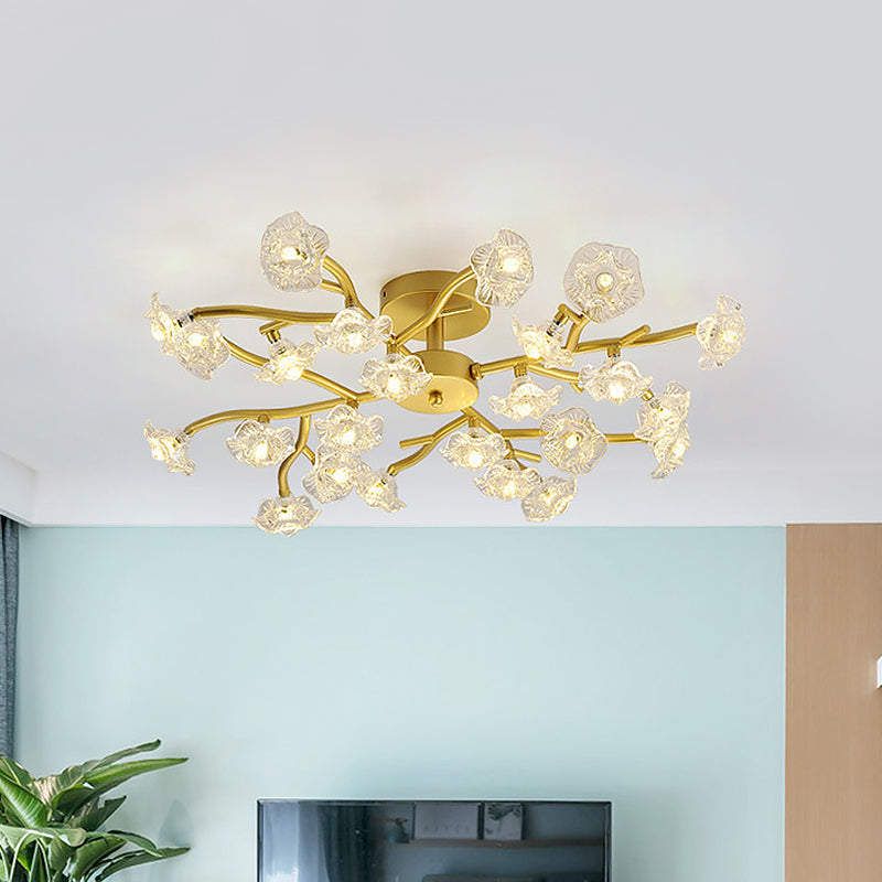 Modern Black/Gold Flower Branch Semi Flush Mount Chandelier - 24-Bulb Ceiling Light with Transparent Glass