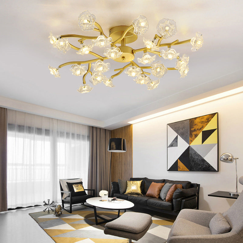 Modern Black/Gold Flower Branch Semi Flush Mount Chandelier - 24-Bulb Ceiling Light with Transparent Glass