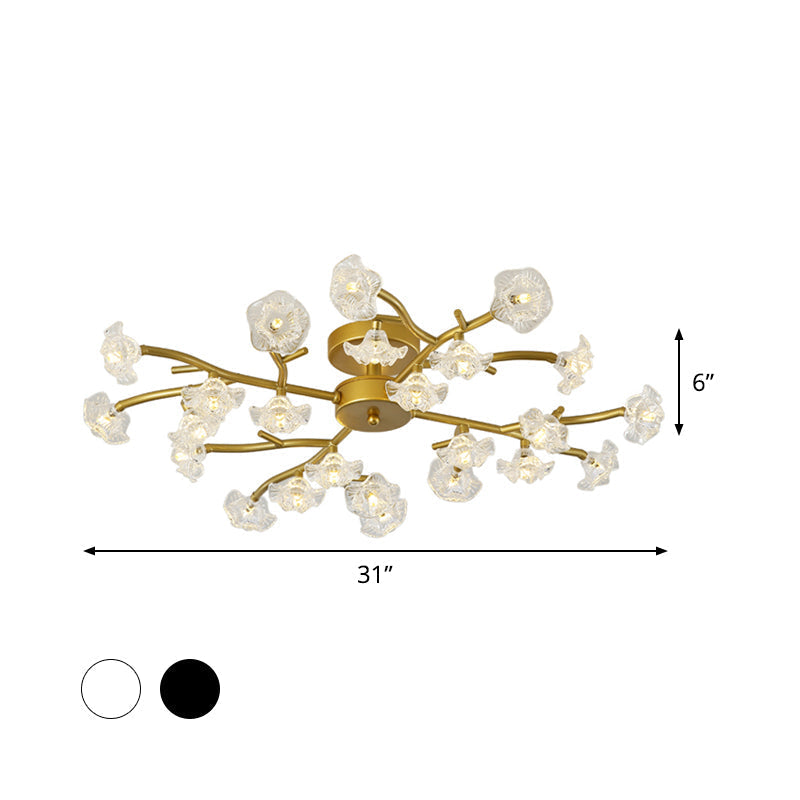 Modern Black/Gold Flower Branch Semi Flush Mount Chandelier - 24-Bulb Ceiling Light With Transparent