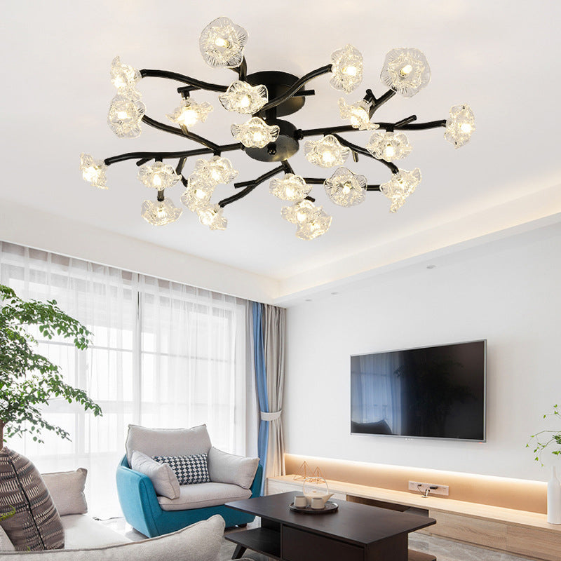 Modern Black/Gold Flower Branch Semi Flush Mount Chandelier - 24-Bulb Ceiling Light with Transparent Glass