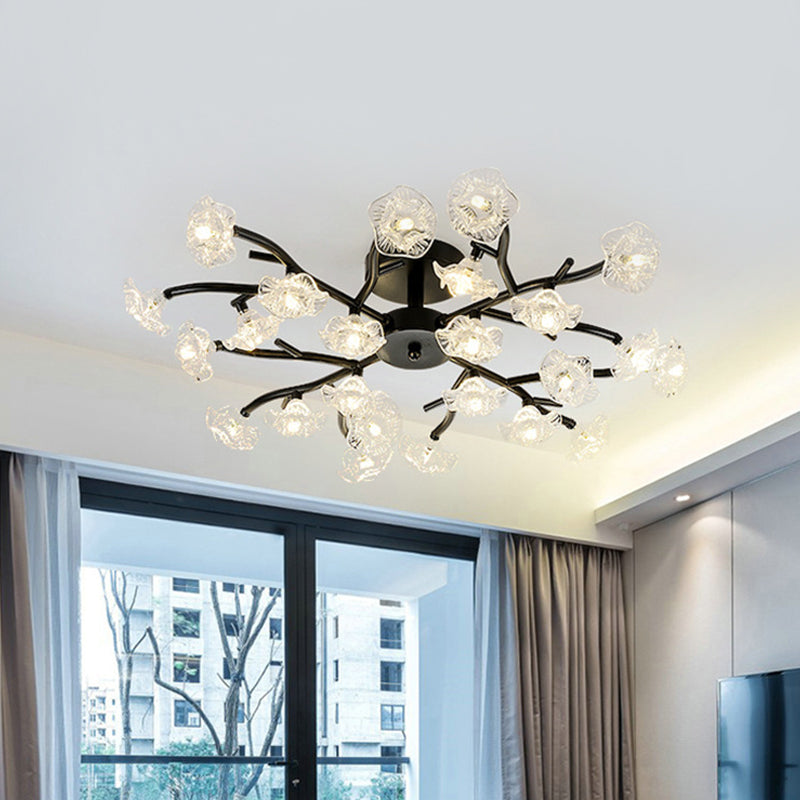Modern Black/Gold Flower Branch Semi Flush Mount Chandelier - 24-Bulb Ceiling Light With Transparent