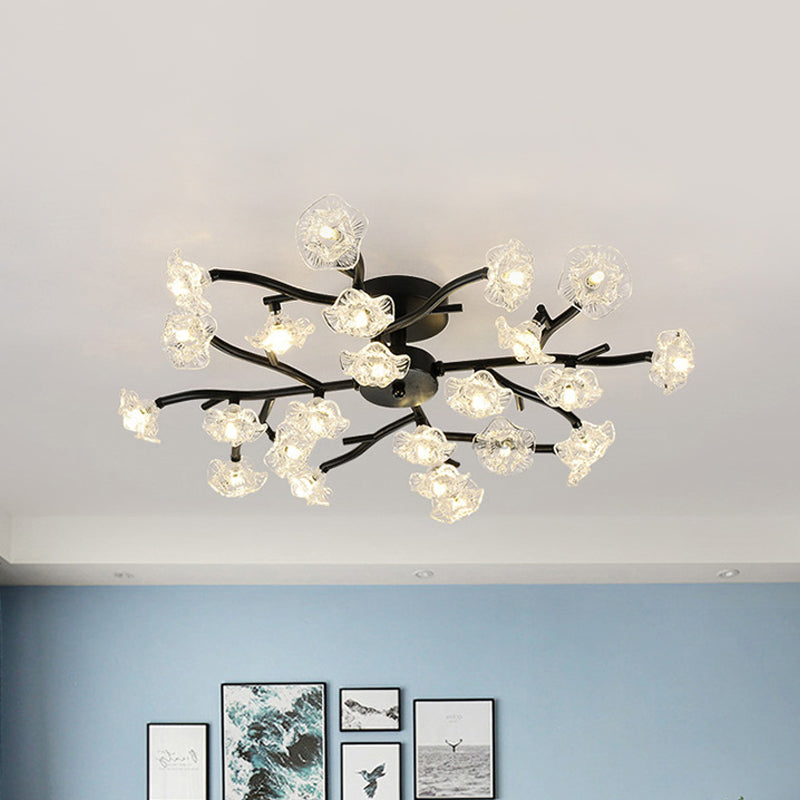Modern Black/Gold Flower Branch Semi Flush Mount Chandelier - 24-Bulb Ceiling Light with Transparent Glass