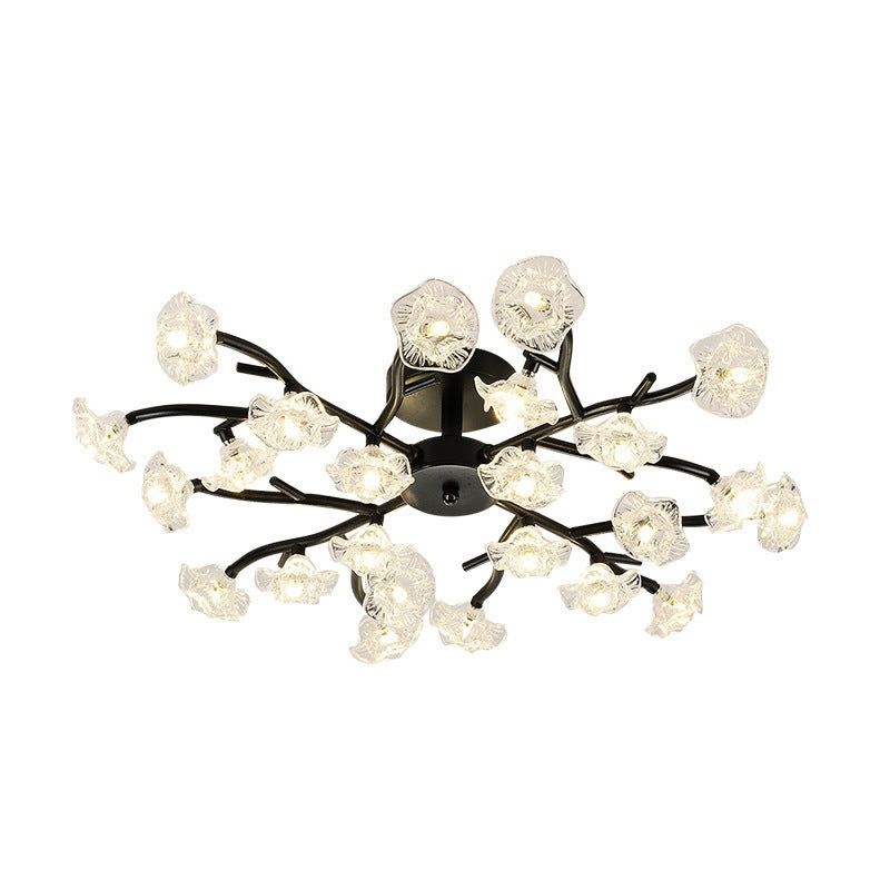 Modern Black/Gold Flower Branch Semi Flush Mount Chandelier - 24-Bulb Ceiling Light With Transparent