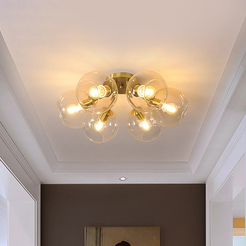 Brass Semi Flush Mount Chandelier: Vintage Clear Glass Ceiling Light with 6 Heads for Parlor