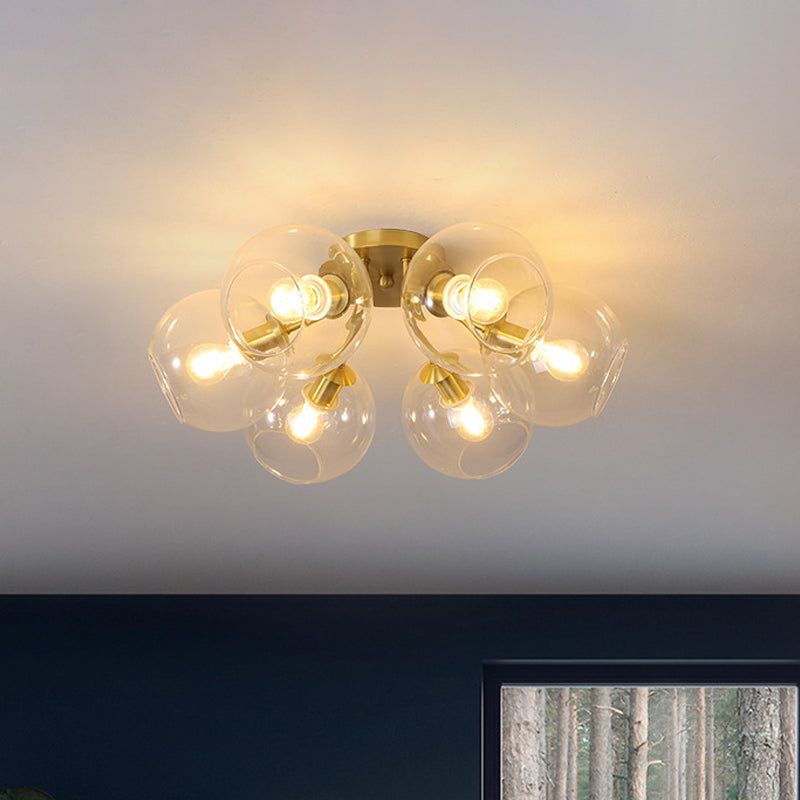 Brass Semi Flush Mount Chandelier: Vintage Clear Glass Ceiling Light with 6 Heads for Parlor