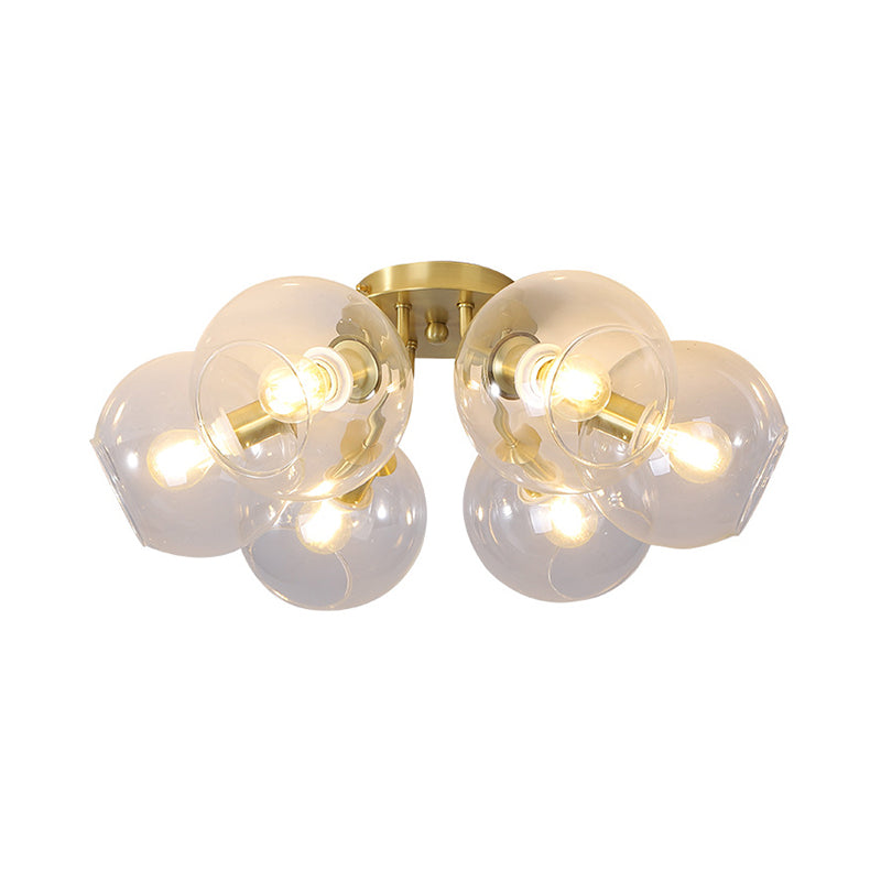 Vintage Clear Glass Ceiling Light With 6 Brass Heads - Semi Flush Mount Chandelier For Parlor