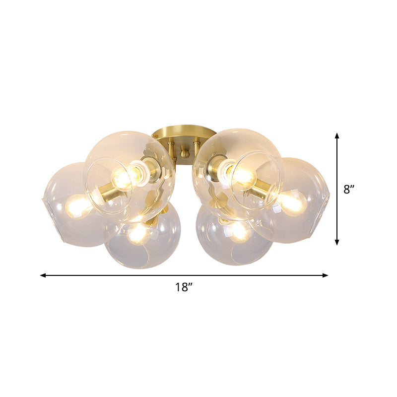 Vintage Clear Glass Ceiling Light With 6 Brass Heads - Semi Flush Mount Chandelier For Parlor
