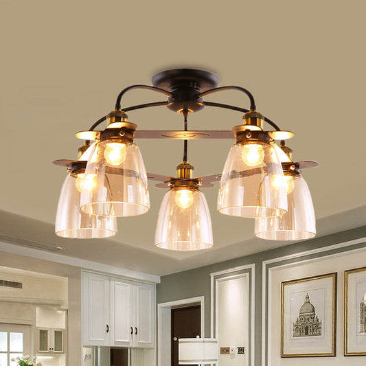 Mid Century Dome Shade Chandelier: Semi Flush Cognac Glass Ceiling Mount with 5 Bulbs – Black Finish for Restaurants