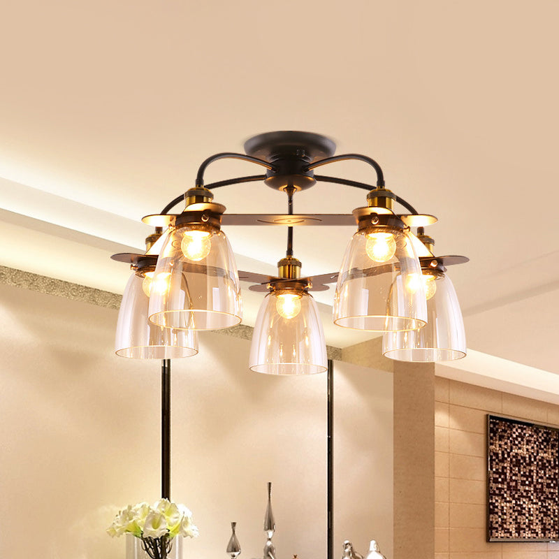 Mid Century Style Black Dome Shade Ceiling Mount Chandelier With Cognac Glass - Restaurant Semi