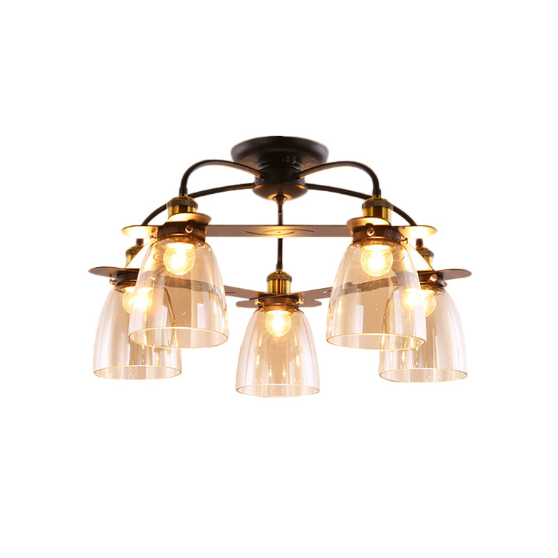 Mid Century Dome Shade Chandelier: Semi Flush Cognac Glass Ceiling Mount with 5 Bulbs – Black Finish for Restaurants